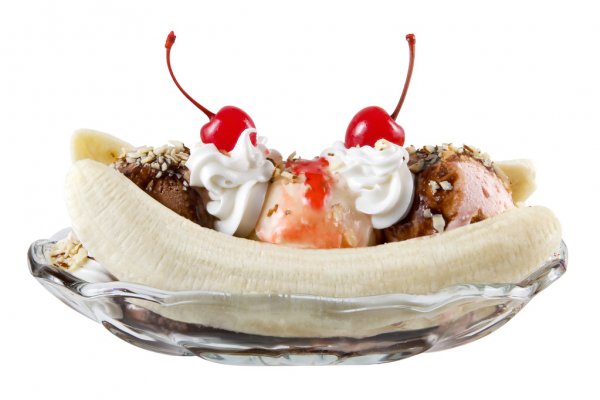 banana split with chocolate vanilla and strawberry ice cream topped with whip cream and cherries