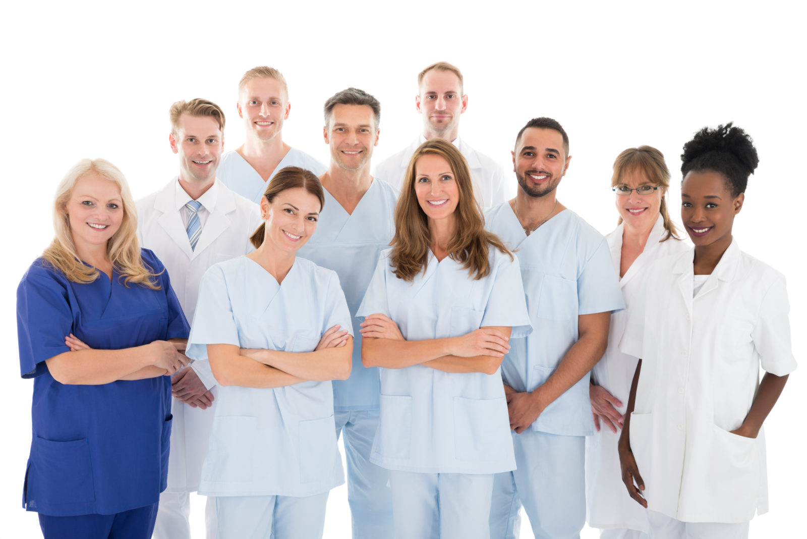 happy multiethnic medical team standing against white background