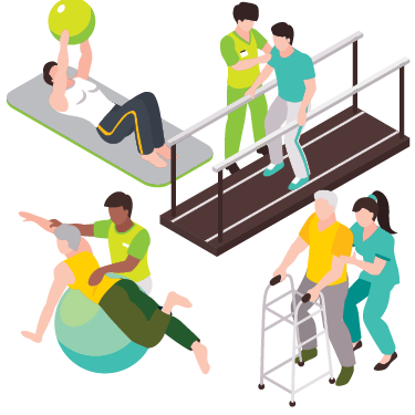 illustrated depiction of physical therapists and patients