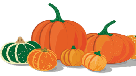 large orange and green illustrated pumpkins on white background