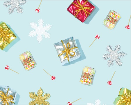 baby blue wrapping paper with presents and snowflakes