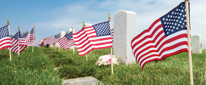 American flags staked in ground in cemetary