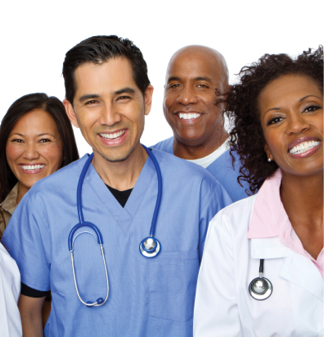 group photo of male and female medical professionals in white and blue scrubs