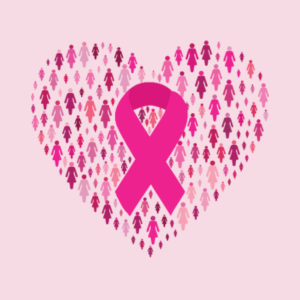 heart shape made up of small female decals with a pink breast cancer awareness ribbon in the center.